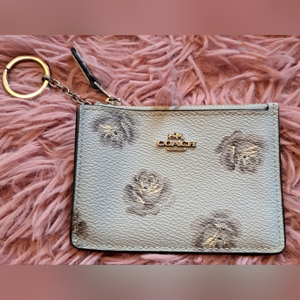 Coach Baby Blue Floral Key Card Holder Wallet Keychain